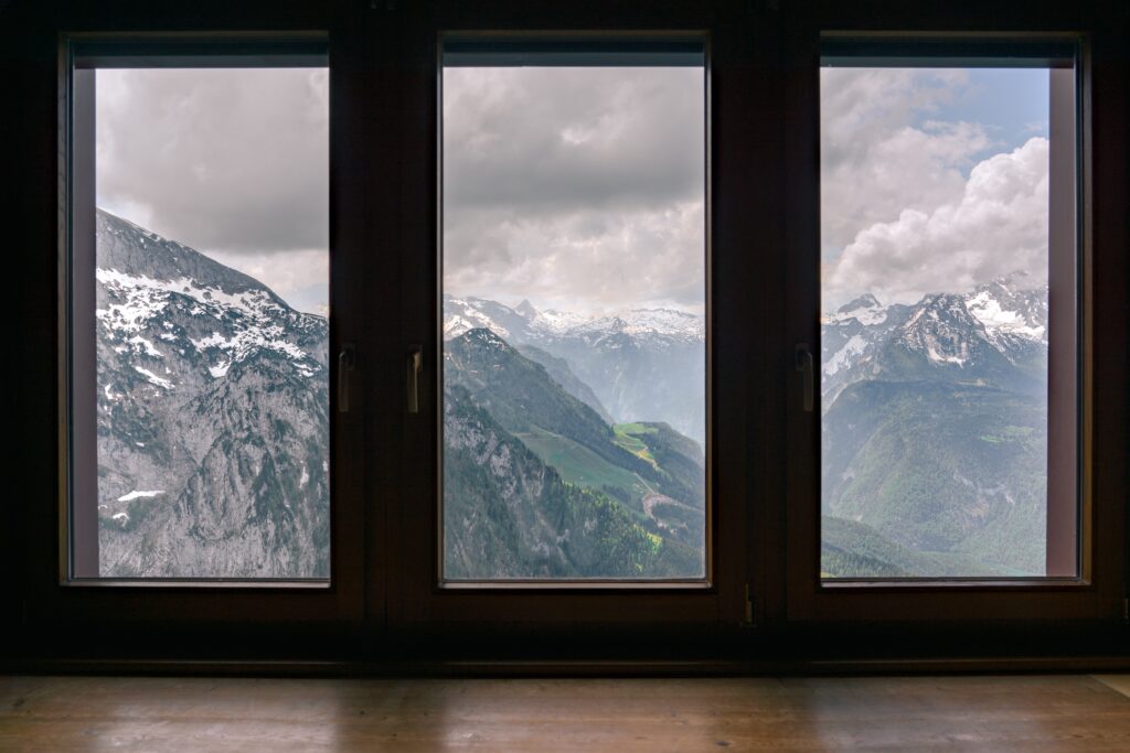View of mountain range out of a window